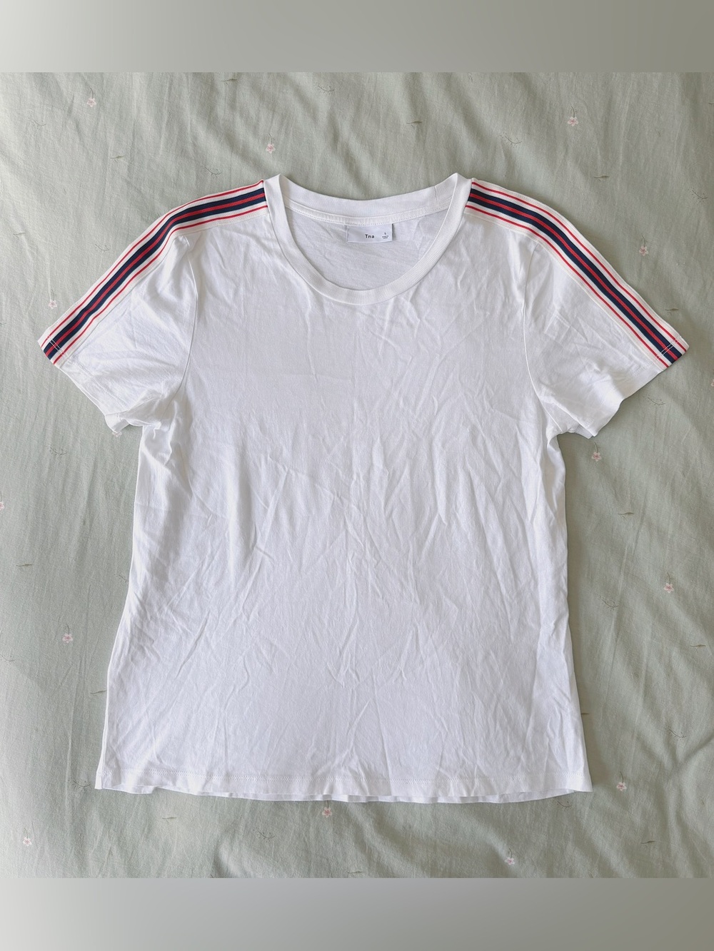 Aritzia White Short Sleeve Tee with Red & Navy Shoulder Stripes